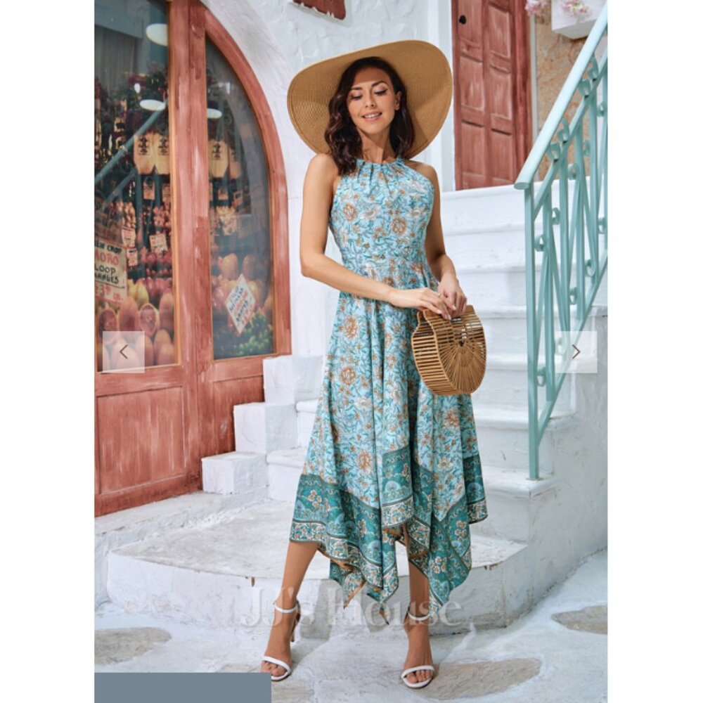 JJ's House Floral Halter Asymetrical A line Maxi Dress